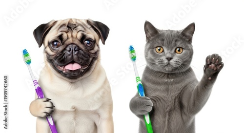 Pug and cat holding toothbrushes in paws standing next to each other