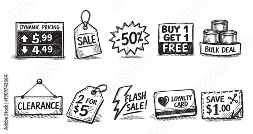 Set of hand-drawn style sale and pricing icons. Includes dynamic pricing, sale tag, discount, BOGO, bulk deal, clearance, and loyalty card. Retail marketing illustrations.