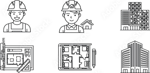 Construction and Architectural Engineering Icon Set Featuring Professional Builder Architect Building Blueprint House Plan Project Development Urban Skyscraper and Modern Office Architecture 