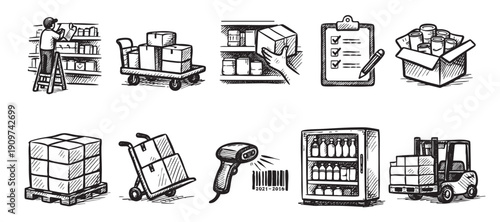 Black and white hand-drawn style illustration showing various aspects of warehouse operations including shelving, boxes, workers, barcode scanning, and shipping. Use for logistics, supply chain.