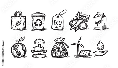 Hand-drawn vector icons representing sustainable lifestyle elements such as renewable energy, recycling, eco-friendly shopping, organic food. Ideal for blog post, illustration.