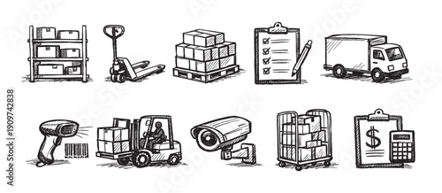 Hand-drawn sketch of logistics icons illustrating transportation, warehousing, security, and inventory control. Perfect for illustrating supply chain concepts and related industries.