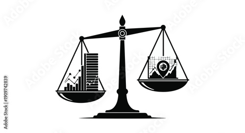 Balance scale with cityscape and nature on either side, symbolizing harmony between urban and natural environments, ecology and business concept