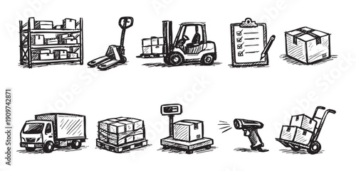 Hand-drawn sketch of logistics icons illustrating transportation, warehousing, security, and inventory control. Perfect for illustrating supply chain concepts and related industries.