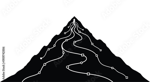 Inspirational mountain illustration with multiple paths to success peak, conceptual journey to goal achievement, motivational abstract design