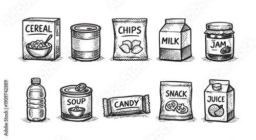 Black and white sketch illustration of common grocery items. Could be used for menus, recipe illustrations, food blogs, and healthy eating designs.
