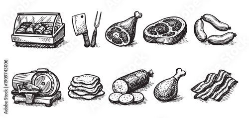 Black and white hand-drawn illustration of various meat products and butcher equipment. Perfect for menus, food blogs, or culinary themed designs.