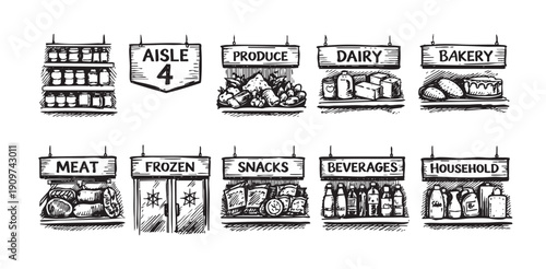 Hand-drawn style illustrations depicting various grocery store departments. Great for illustrating themes of shopping, retail, food industry, and grocery stores, blog posts.