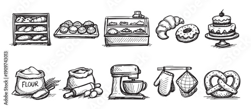 Hand-drawn style illustration of bakery items and baking equipment. Perfect for menus, branding, websites, blogs, or culinary projects. Isolated on white.