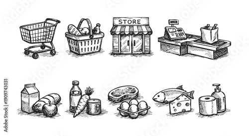Black and white hand-drawn sketch style illustration featuring various grocery store related icons. Includes shopping cart, food basket, store front, and different grocery items.