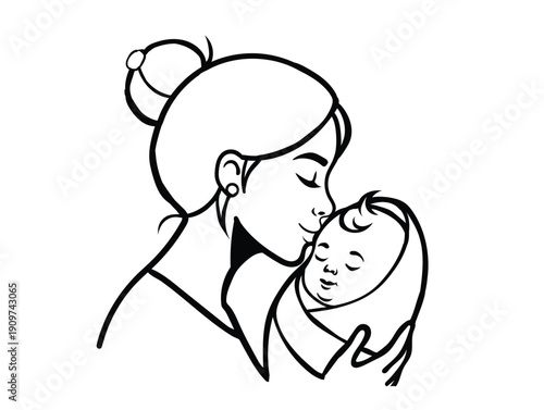 Minimalist line art illustration of mother hugging her newborn baby with love