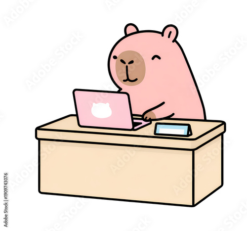 Cute capybara cartoon laptop desk office workspace pink kawaii animal character vector minimal pastel illustration digital work typing freelance