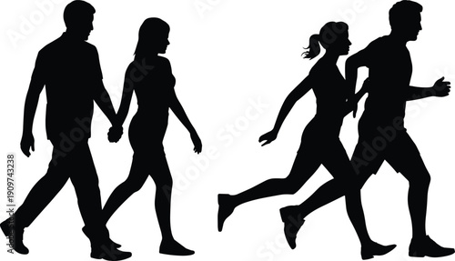 People silhouettes walking and running, couple and active lifestyle contrast concept, fitness and relationship isolated on white background