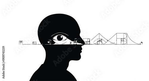 Creative visionary person with architectural cityscape inside mind eye seeing future urban landscape and buildings