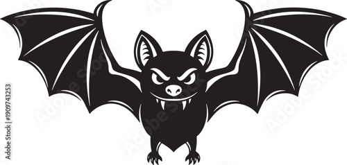 Angry cartoon bat with sharp teeth and outstretched wings flying alone