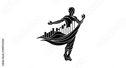 Dynamic business professional standing confidently in front of city skyline with flowing cape, representing success and freedom in modern urban environment