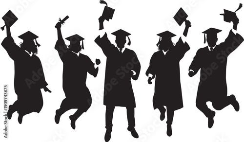 Silhouettes of people in graduation gowns and caps jumping  celebrating graduates