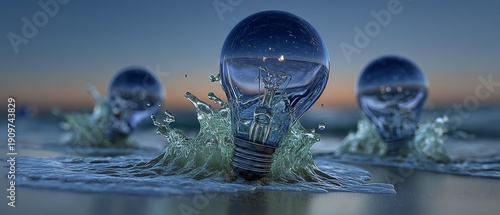 Glowing Light Bulbs Surging From Ocean Waves at Sunset Symbolizing Creative Energy and Innovation