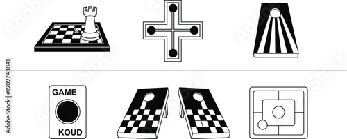 Board game icons collection, chess board rook piece, cornhole set, abstract strategy symbols, tabletop gaming vector illustration bundle
