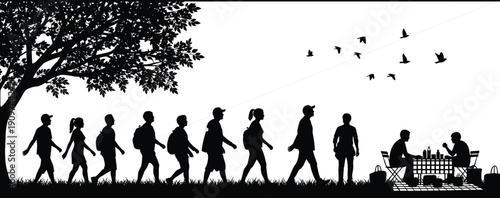 People hiking silhouette, group walking with backpacks, outdoor picnic scene under tree, birds flying, nature adventure, travel, leisure, tourism illustration.