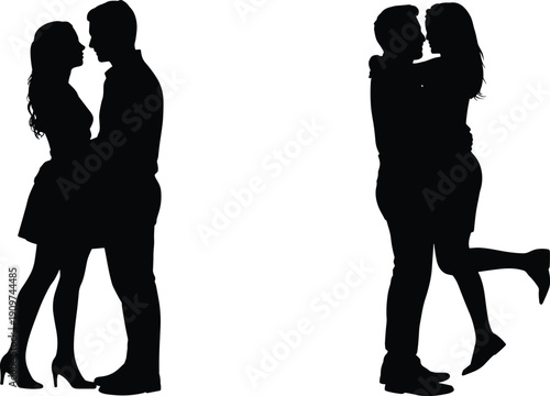 Romantic couple silhouettes embracing and kissing, love and passion concept, intimate relationship moment isolated on white background studio minimal design