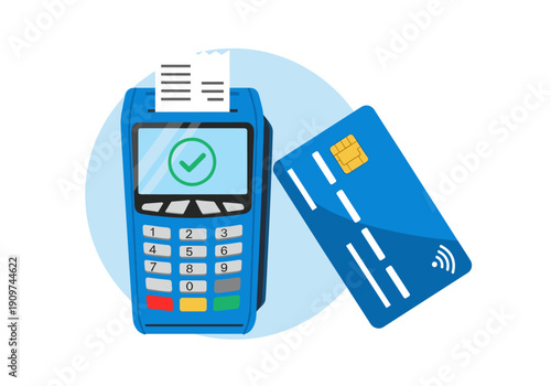 A blue POS terminal with a receipt and a green checkmark sits next to a blue credit card.