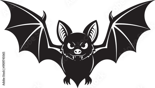 Black cartoon bat with outstretched wings and sharp teeth flying alone