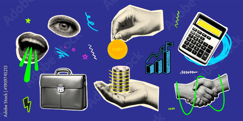Pop art halftone collage close up hand holding stacked coins with calculator briefcase handshake and growth chart on blue background