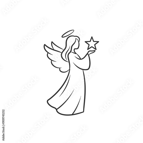 Angel Holding Star Icon Silhouette, Woman with Wings and Halo, Symbol of Hope and Faith