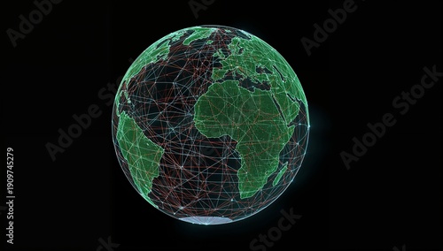 An abstract digital image featuring a green world map on an egg-shaped object. The continents are rendered in a pixelated or network style against a black background.