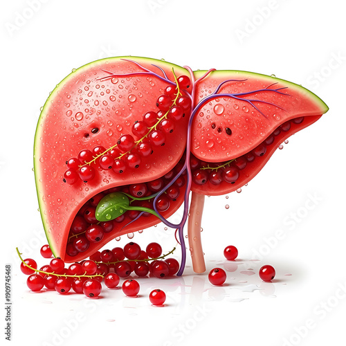 Watermelon-shaped liver with red berries on white background  