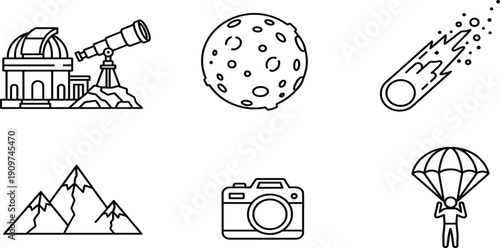 Astronomy and Outdoor Adventure Line Art Icons Featuring Observatory Telescope Full Moon Meteor Comet Snowy Mountains Digital Camera and Parachute SkydiverAstronomy and Outdoor Adventure 