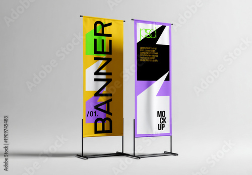 Two Vertical Banner Stands Mockup Positioned Side by Side
