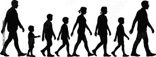 Human life stages silhouettes walking in sequence, child to adult development concept, growth and aging isolated on white background