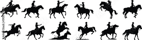 Cowboy silhouettes illustration with horseback riding, galloping, rearing, pointing, roping calf, western lifestyle, ranch culture, black and white artwork concept