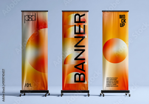 Three Vertical Banner Stands Mockup in Aligned Row Composition
