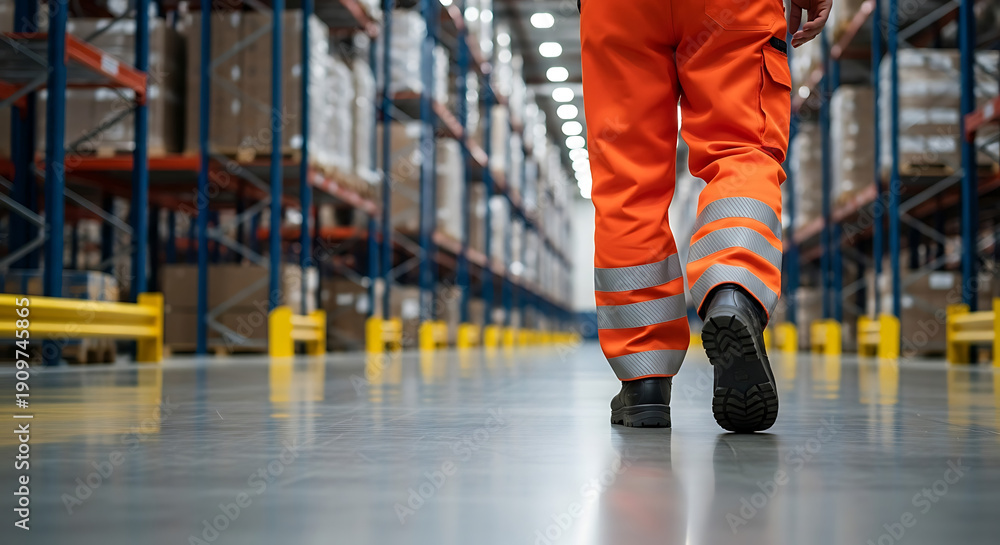 Obraz premium Worker walking in orange safety suit in warehouse with boxes