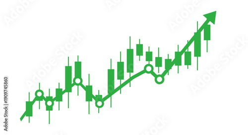 A green line graph with candlestick patterns displays an upward trend, symbolizing growth in financial markets.