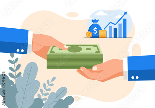 Two human hands are depicted exchanging a large stack of money, with financial growth charts and cash elements in the background.