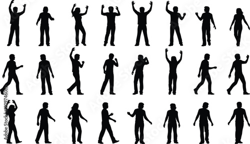 Dancing people silhouettes collection, party celebration poses set, men women dance moves vector illustration isolated on white background