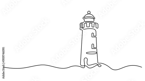 Continuous line drawing of a lighthouse on rocks in the sea. Light house with beams of light shining in all directions in simple linear style. Editable stroke 