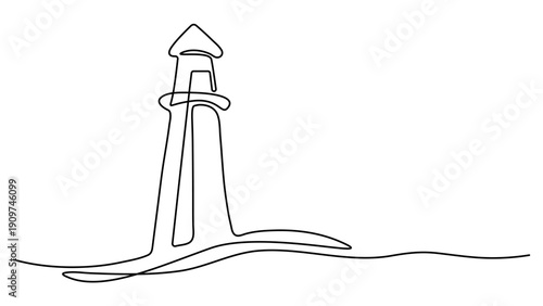 Continuous line drawing of a lighthouse on rocks in the sea. Light house with beams of light shining in all directions in simple linear style. Editable stroke 