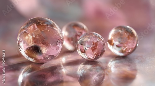 Transparent glass spheres arranged on a reflective pink surface with a blurred background view