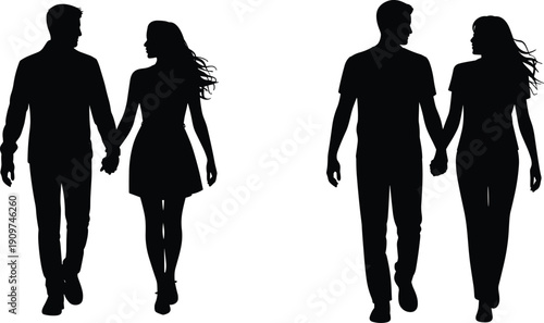 Romantic couple silhouettes holding hands, walking together, love and relationship concept, modern lifestyle, man and woman isolated on white background