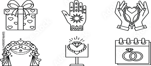 Elegant Wedding and Romance Line Art Icon Set Featuring Gift Box Henna Hand Rosary Marriage Arch Diamond Ring and Calendar DateElegant Wedding and Romance Line Art 