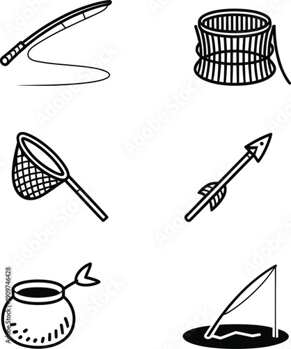 Black and white of six fishing and hunting tools fishing net
