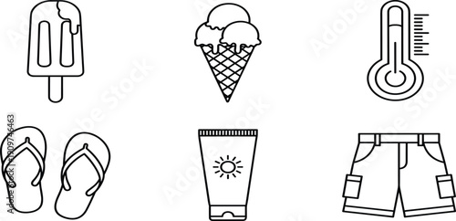 Set of Summer Vacation and Hot Weather Icons Featuring Melting Popsicle, Ice Cream Cone, Thermometer, Flip Flops, Sunscreen and Cargo ShortsSet of Summer Vacation and Hot 