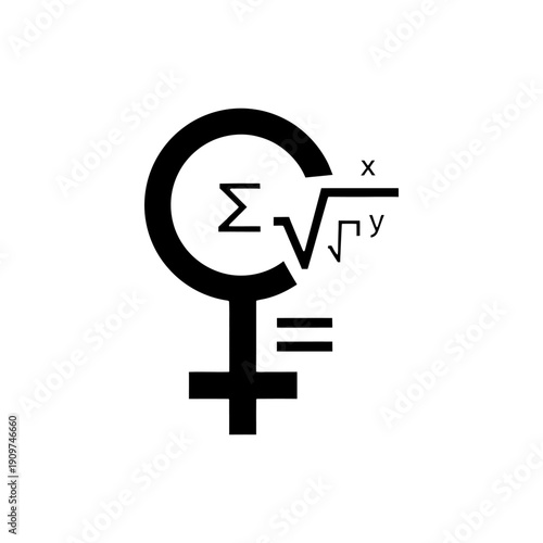 minimal flat vector icon of female symbol merged with mathematical equation elements, soft pastel palette