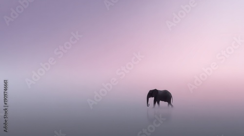 A majestic elephant grazing in a serene misty landscape at dawn from a distant viewpoint