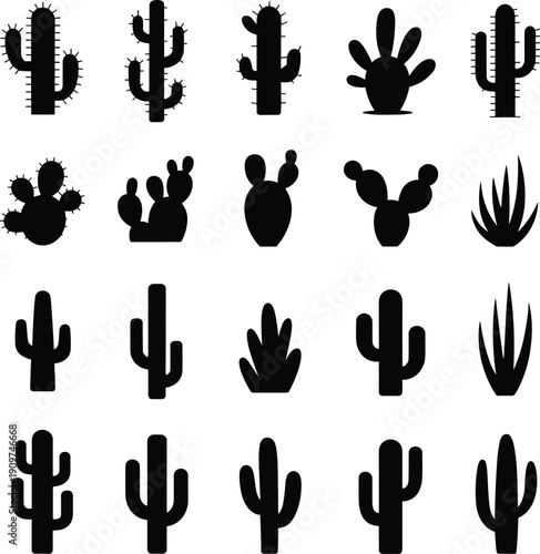 Cactus and succulent silhouettes illustration with desert plants, spiky agave forms, columnar shapes, rounded pads, black and white artwork concept